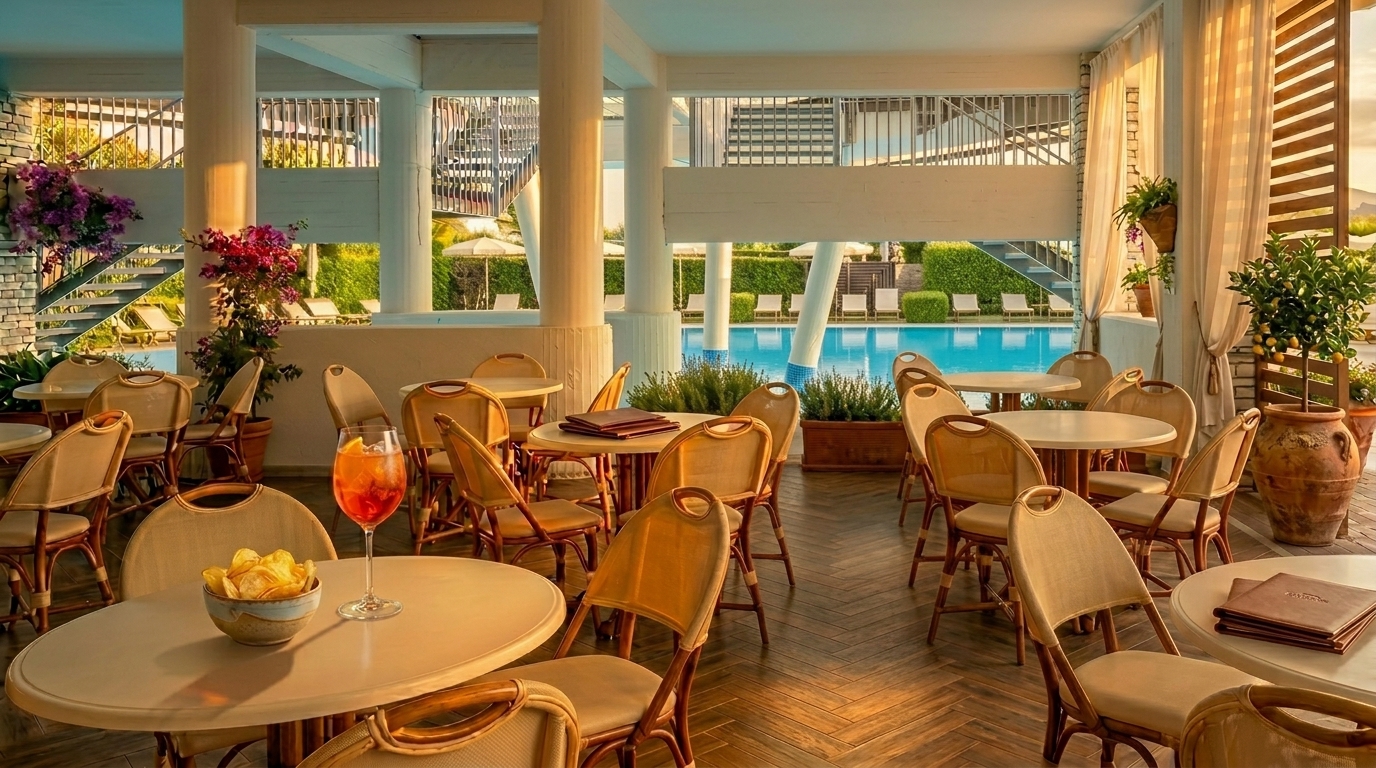 Spritz cocktails on the Hotel Poseidon terrace at golden hour