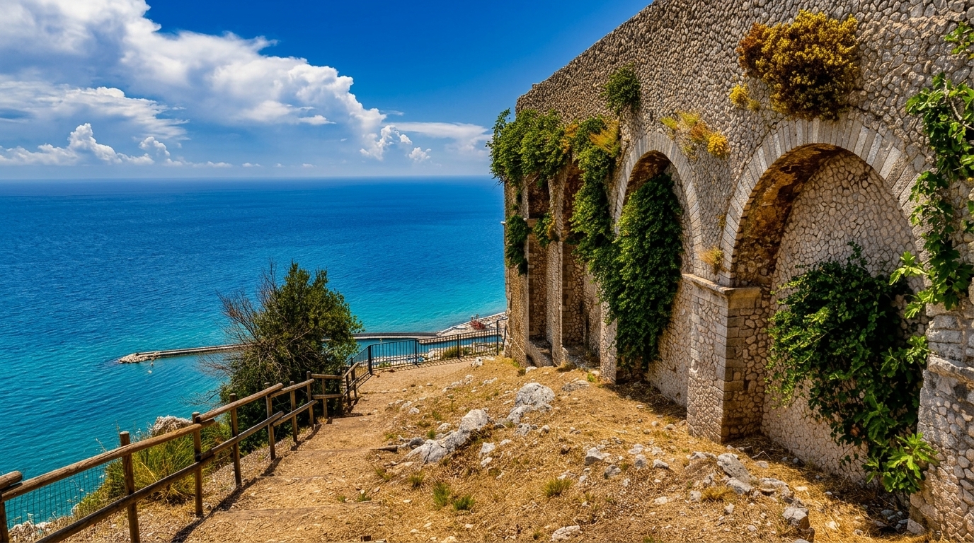 Temple of Jupiter Anxur arches overlooking the modern city and sea