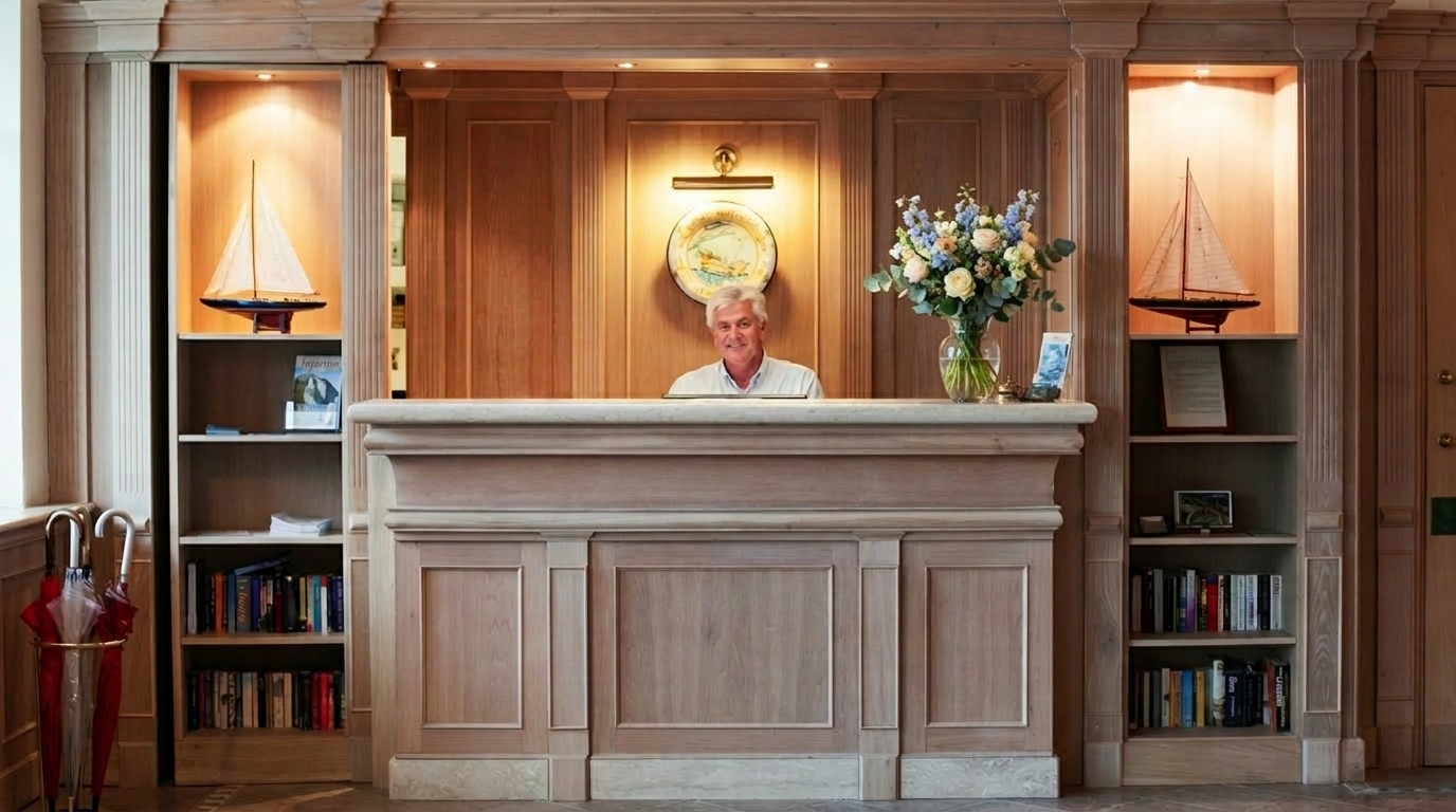 The elegant marble reception desk at Hotel Poseidon.