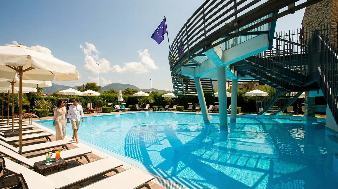 Reflections on the water at the luxury Hotel Poseidon pool.