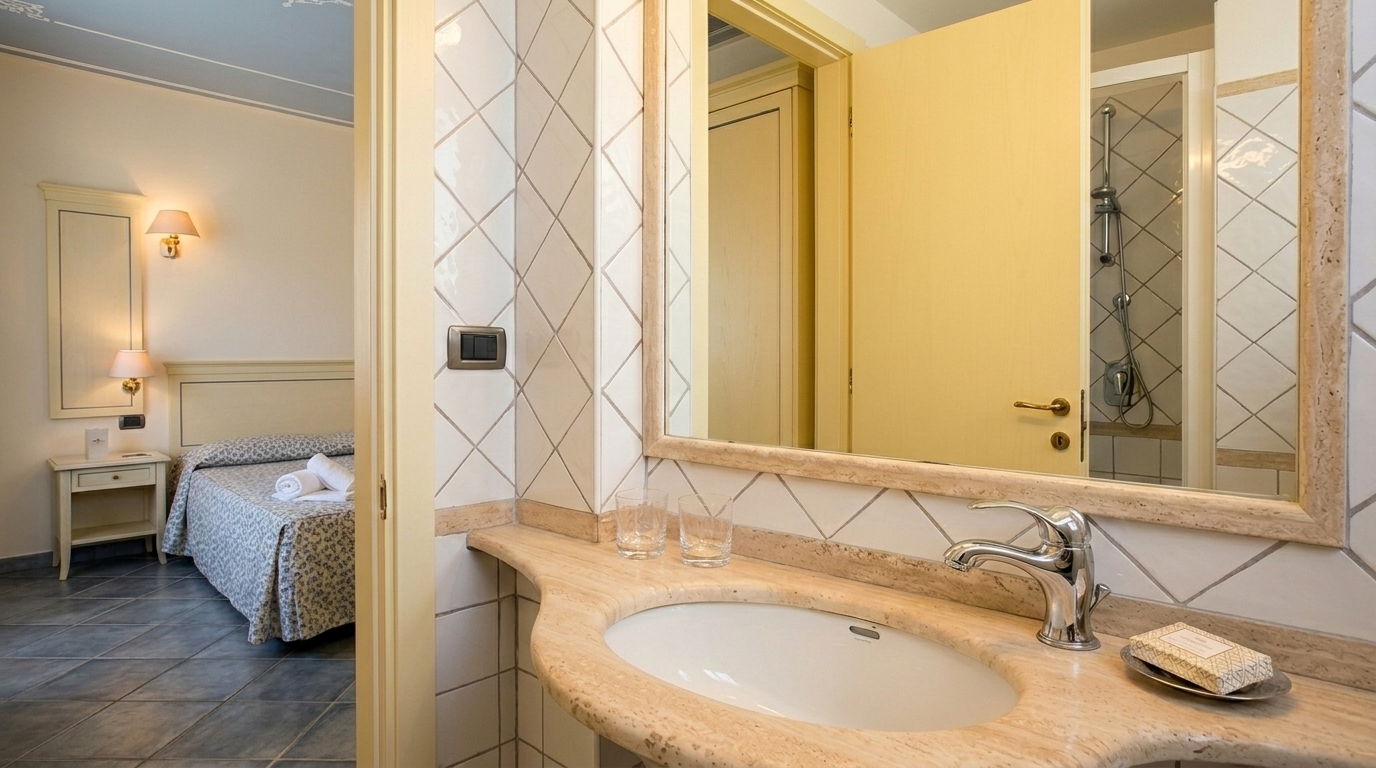 Desk and storage area in a well-appointed guest room.