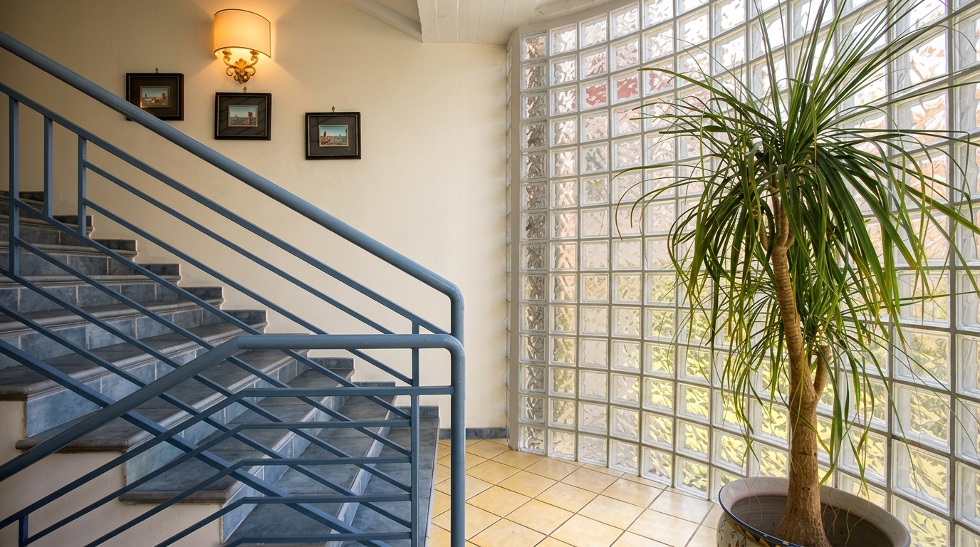 Modern staircase with glass railings and indoor plants at Hotel Poseidon.